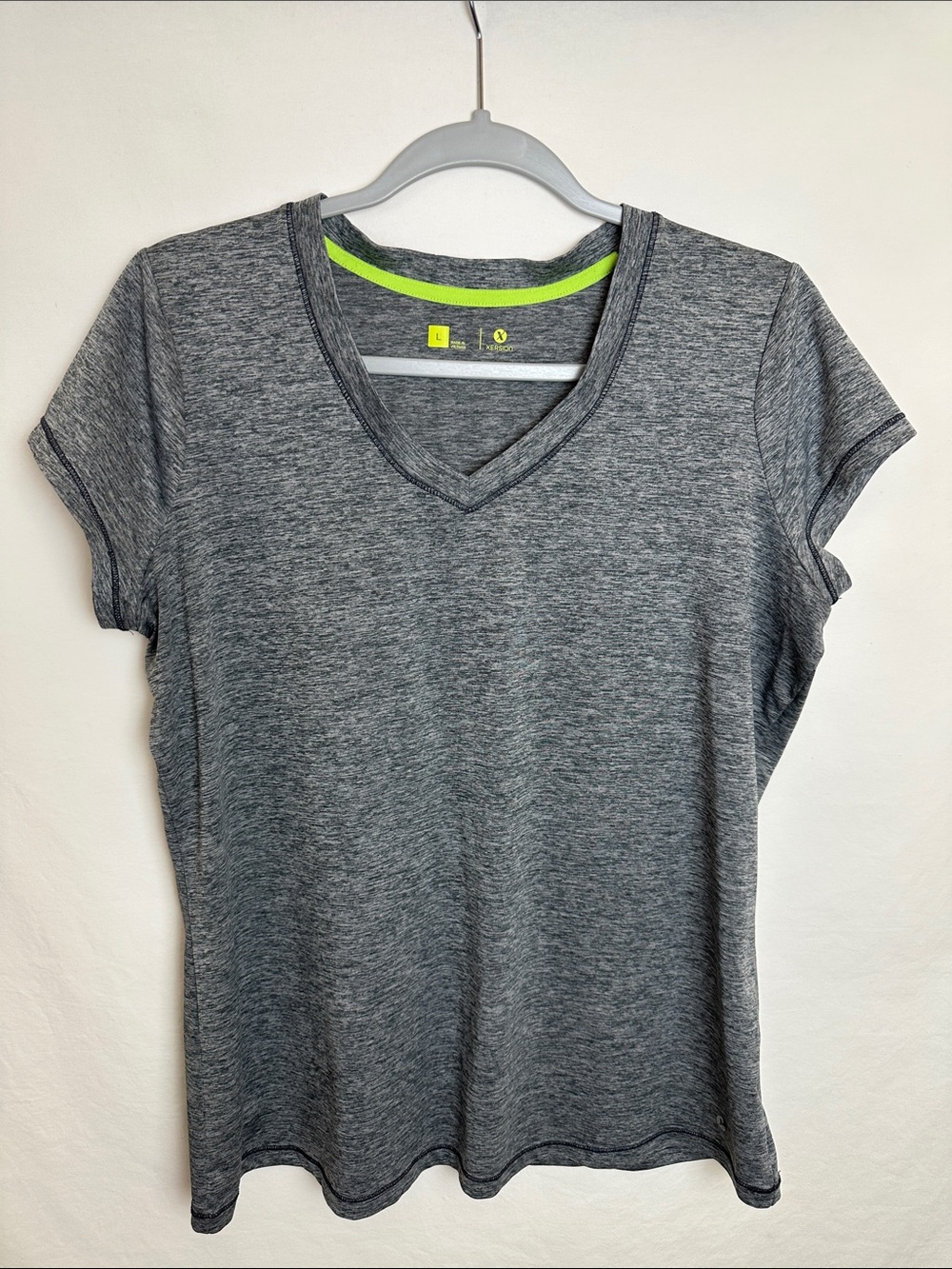 Xersion gray heather V neck active tee, size L